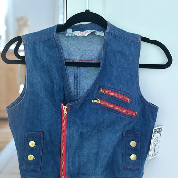 Jackets & Blazers - Vintage Denim Vest with Red Zipper Accents